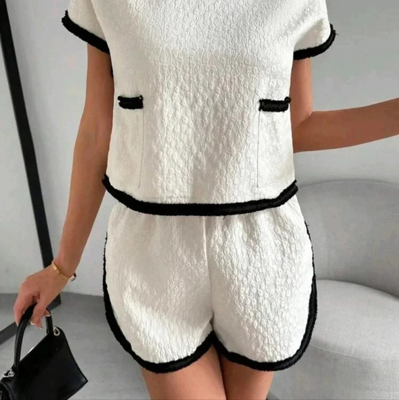 Color-Blocked WovenTape Patchwork Shirt And Short Set For Summer - Picture 6 of 7